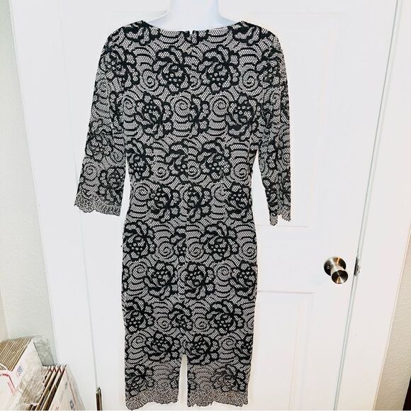 Nicole Miller Floral Lace Overlay Multicolor Side Stripe Midi Dress Black M - Picture 8 of 12